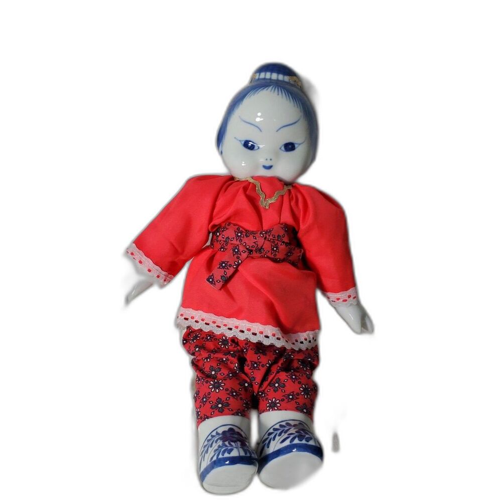 Vintage 11" Hand Painted Asian Doll Delft Blue Head Feet - Red Silk Outfit